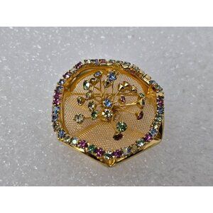 Vintage Tree of Life Brooch Gold Tone Mesh Multicolor Rhinestone Statement Pin